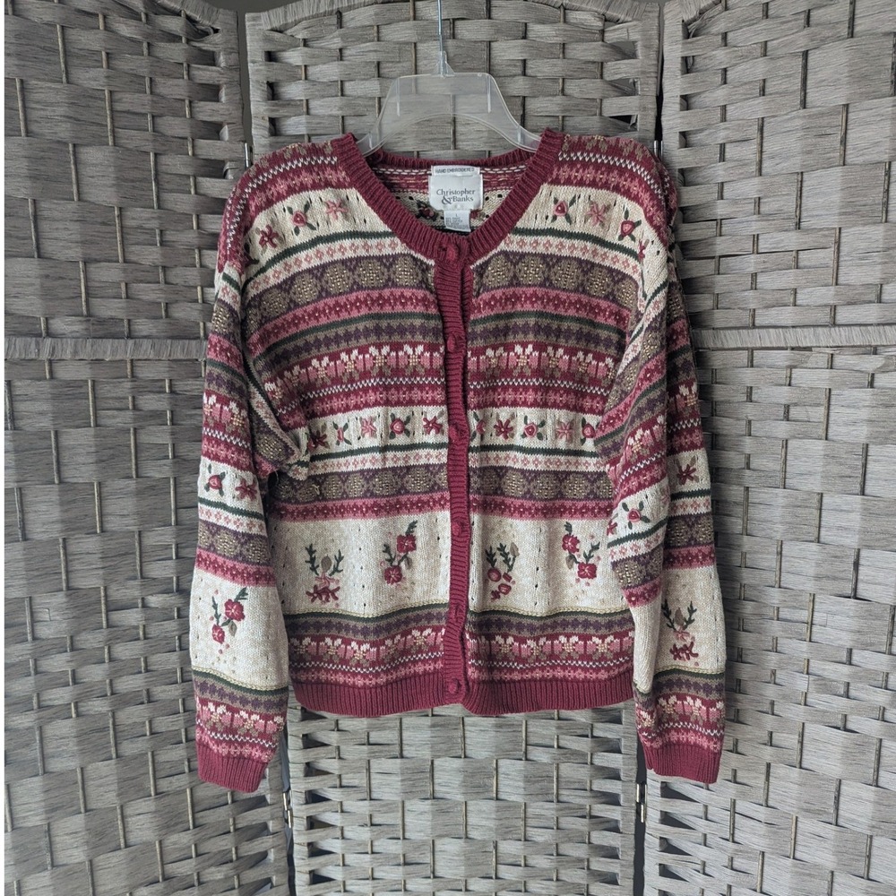 Vtg Hand Embroidered Cardigan Burgundy Floral Pointelle Sz L‎ Cottagecore Cozy